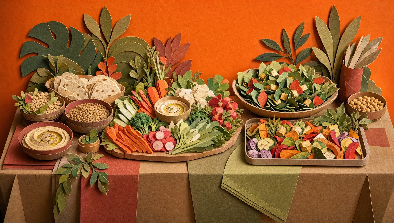 A long table of plant-based catering with grazing boards, grain bowls and roasted vegetables, 3D papercraft illustration