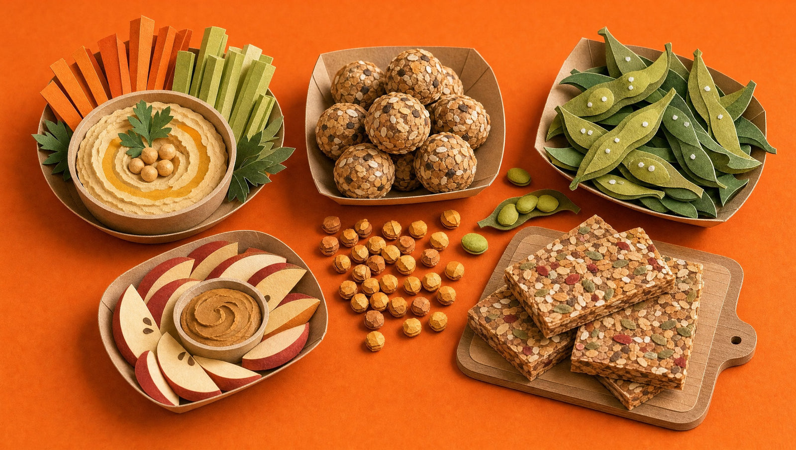 An office spread of vegan snacks on kraft paper trays: hummus with vegetable sticks, oat energy balls, edamame, roasted chickpeas, apple slices with nut butter and oat bars