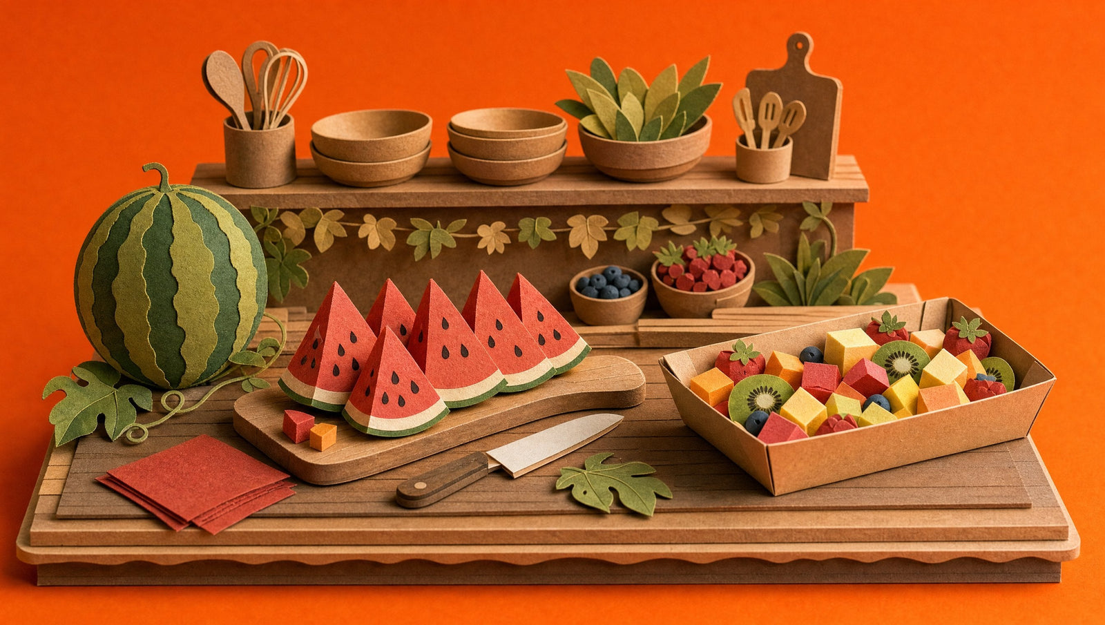 A papercraft bakery bench with a whole watermelon, a wooden board of freshly cut wedges and a kraft tray of mixed fruit being filled