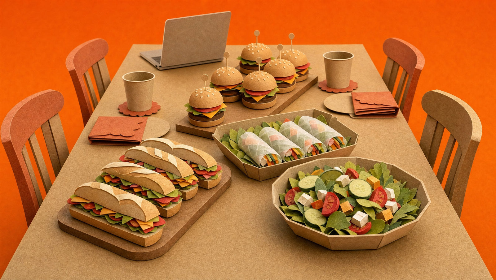 A long meeting table laid with a working lunch of baguettes, sliders, rice paper rolls and a bowl of salad, 3D papercraft illustration