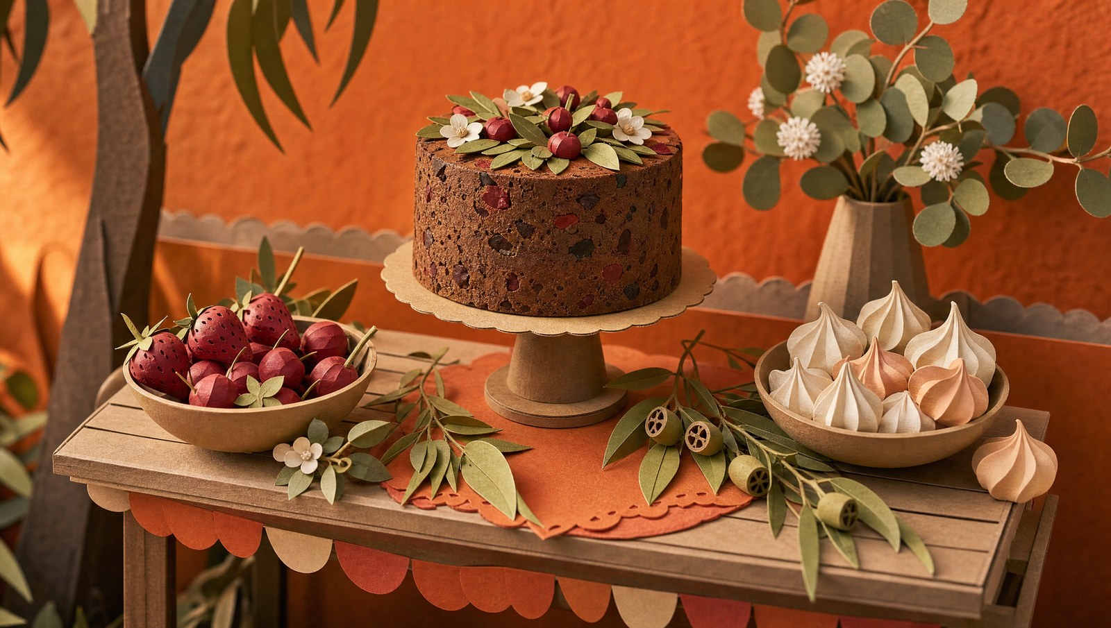 An Australian Christmas dessert table with a fruit cake, meringues and gum leaves, 3D papercraft illustration
