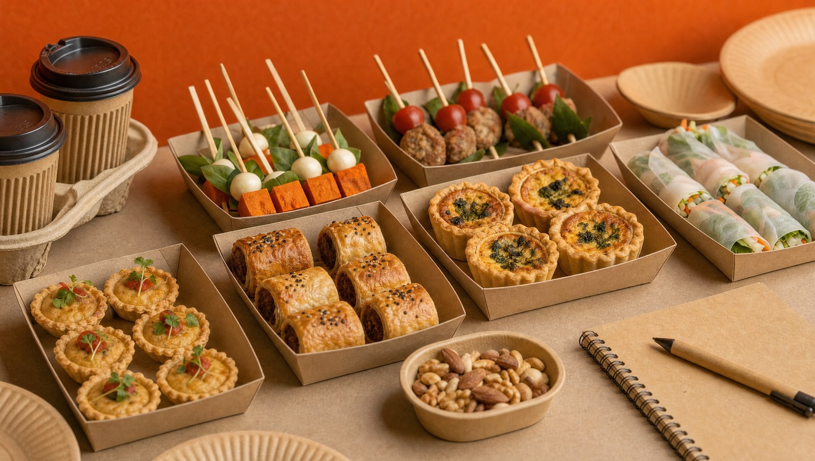 An office meeting table laid with kraft trays of party finger food, 3D papercraft illustration