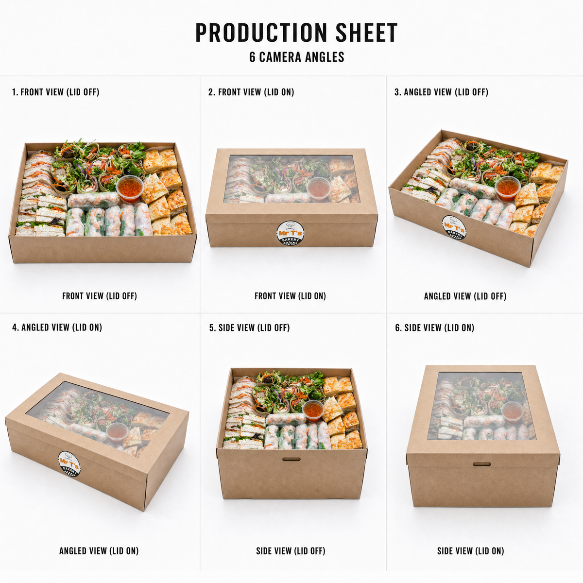 Mr T's Bakery Big Lunch Collection - 42 pieces/box — multi-angle product sheet showing the catering box from several angles. Brisbane corporate & event catering.