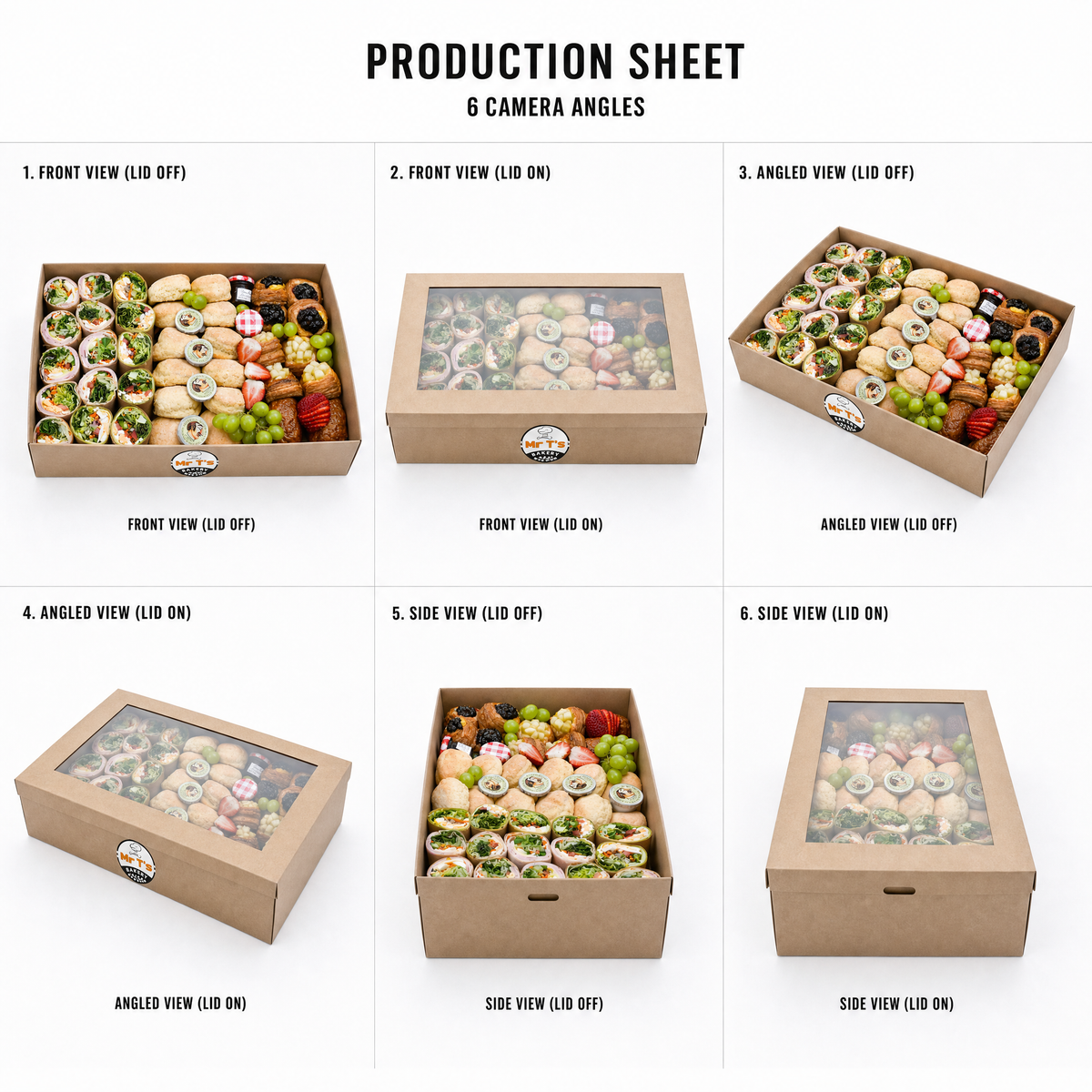 Mr T's Bakery Breakfast Grazing Collection (37 pieces) — multi-angle product sheet showing the catering box from six angles. Brisbane breakfast &amp; corporate catering.