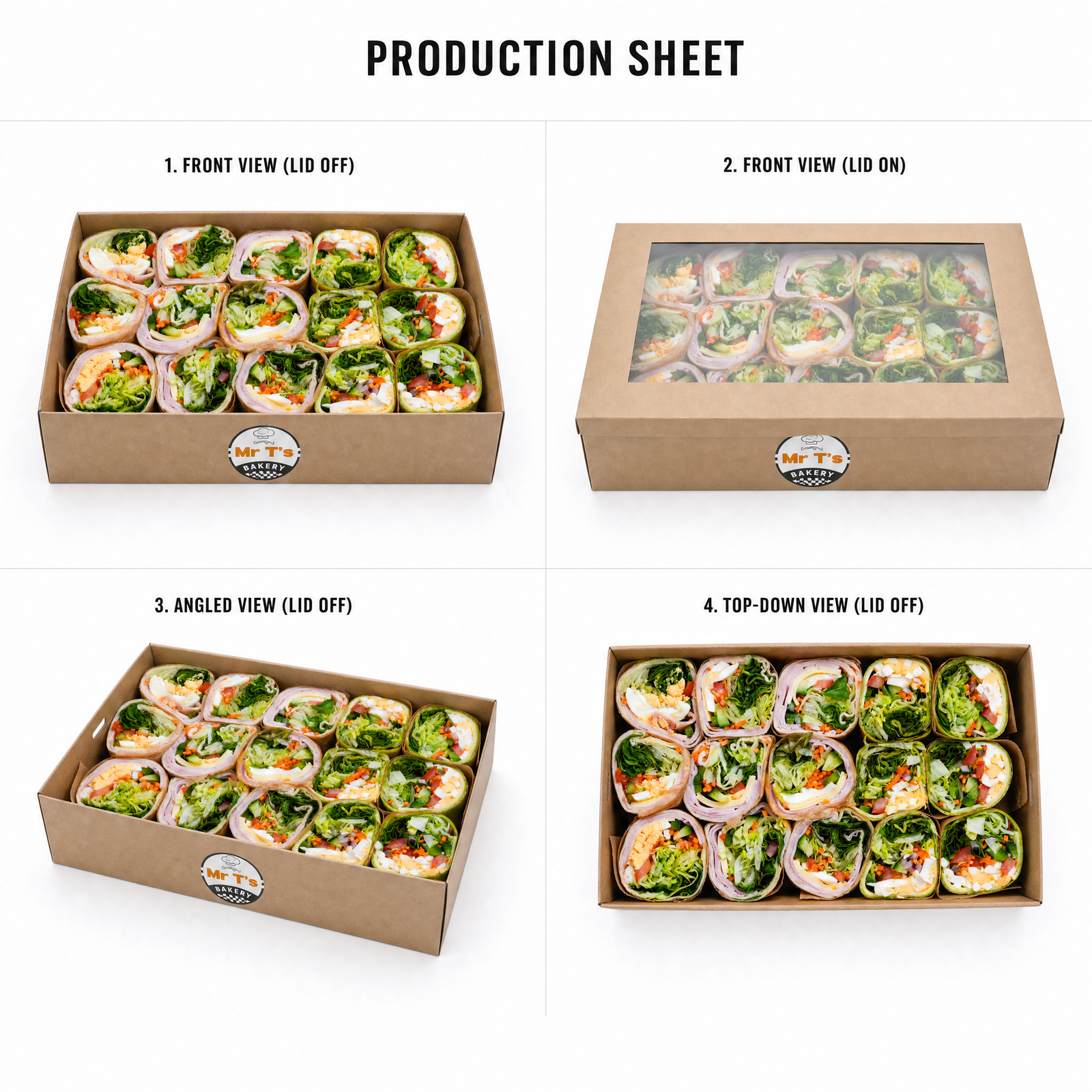 Mr T's Bakery Breakfast Wraps Collection - 15 wraps/box — multi-angle product sheet showing the catering box from several angles. Brisbane corporate & event catering.