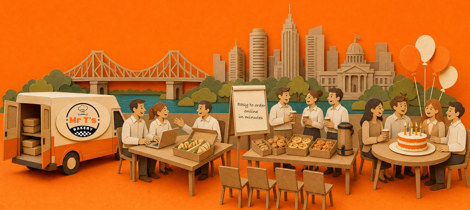 Mr T's Bakery catering an office meeting, a training room and a birthday in Brisbane, with the delivery van and the Story Bridge, 3D papercraft illustration