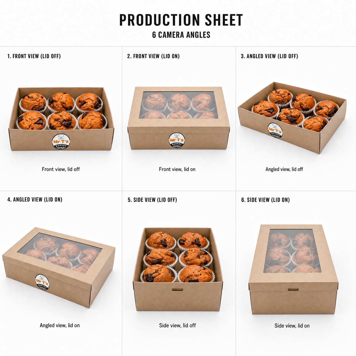 Mr T's Bakery Chocolate Chunky Muffins (VEG) — multi-angle product sheet showing the catering box from several angles. Brisbane corporate &amp; event catering.