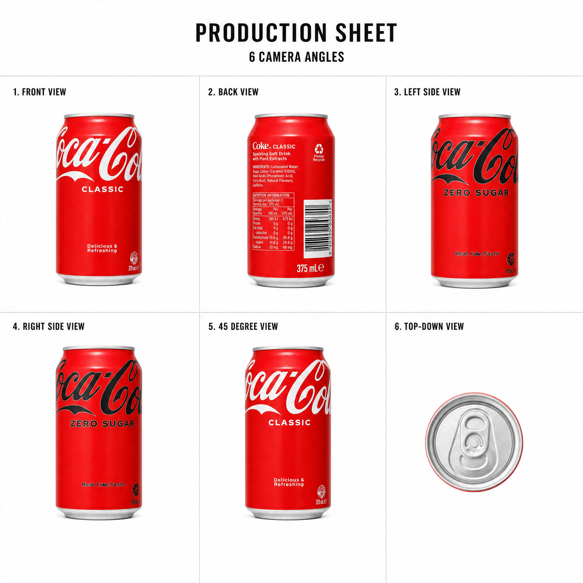 Mr T's Bakery Coke Can 375ml — multi-angle product sheet showing the drink from several angles. Brisbane catering drinks.