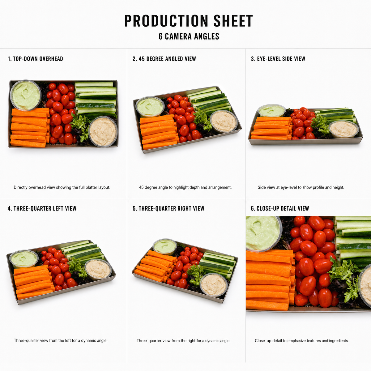 Mr T's Bakery Crudites Dips Platter (VEG) — multi-angle product sheet showing the open catering platter from several angles. Brisbane grazing &amp; platter catering.
