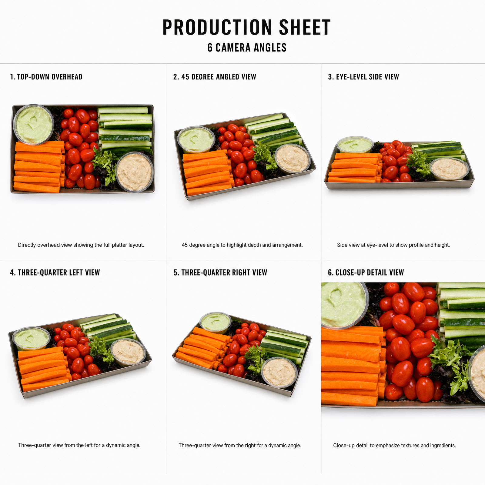 Mr T's Bakery Crudites Dips Platter (VEG) — multi-angle product sheet showing the open catering platter from several angles. Brisbane grazing & platter catering.