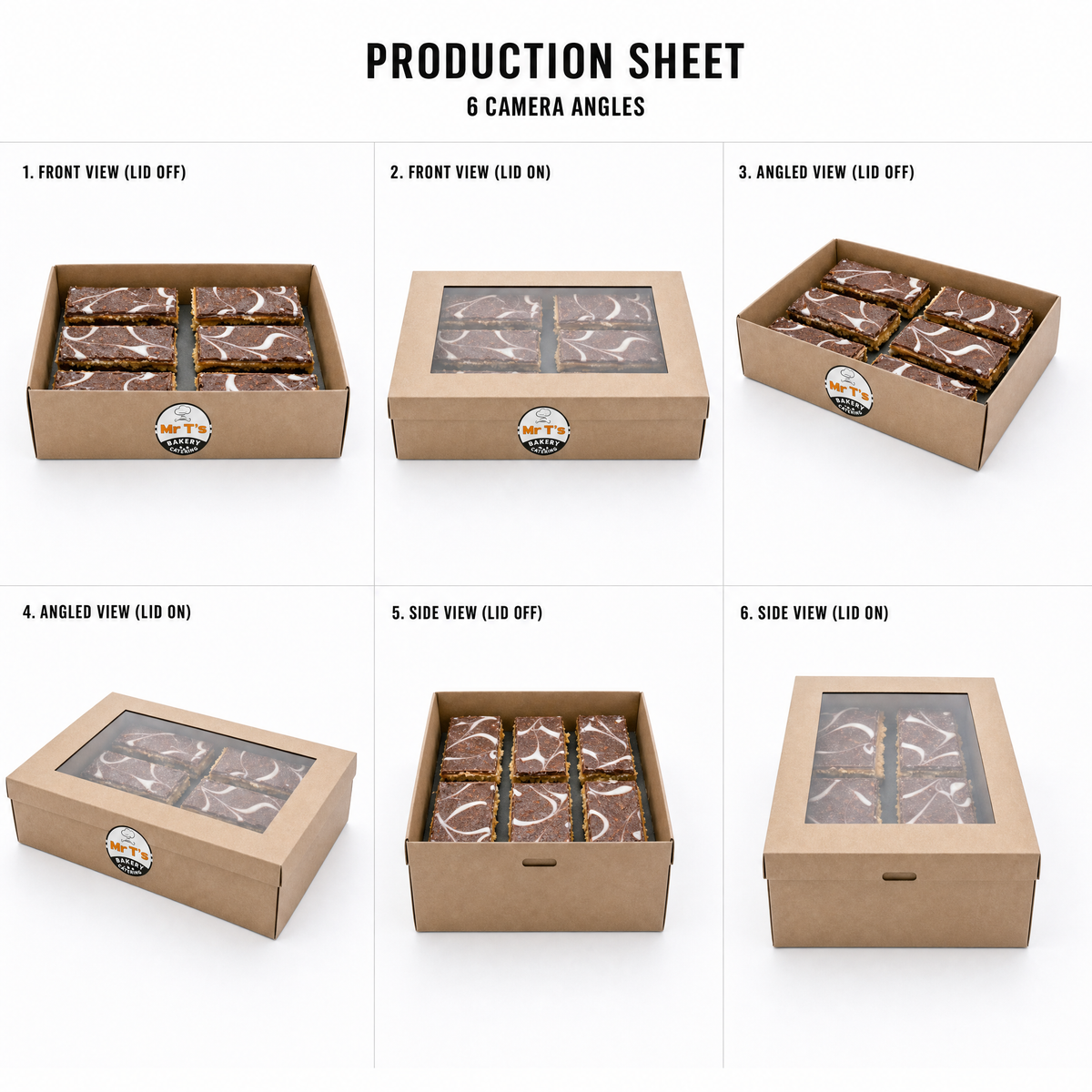 Mr T's Bakery Finger Caramel Slices (VEG) — multi-angle product sheet showing the catering box from several angles. Brisbane corporate &amp; event catering.