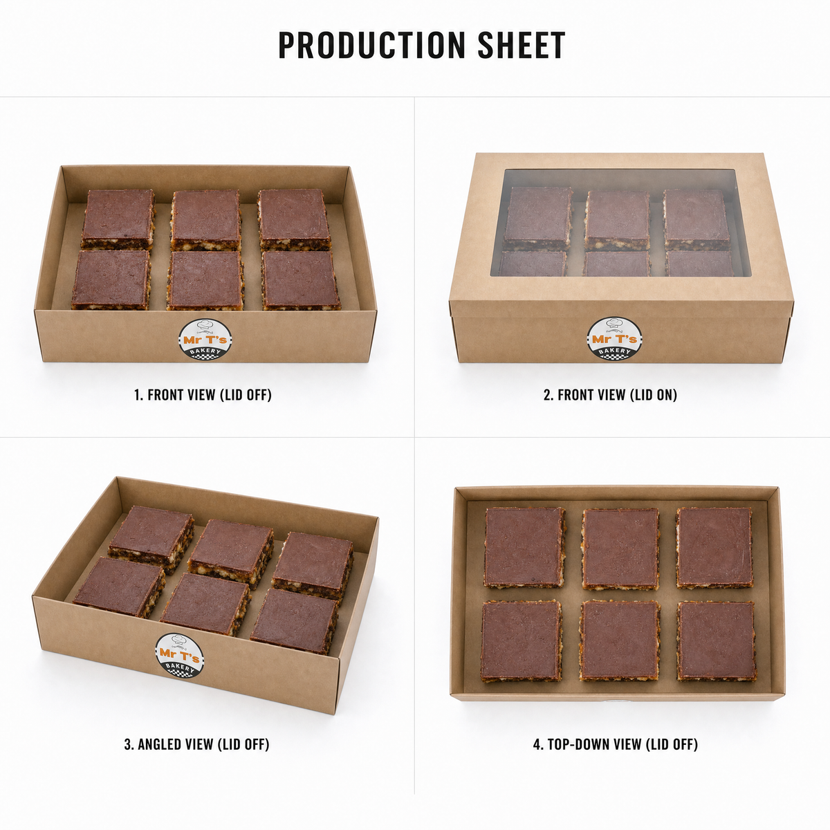 Mr T's Bakery Finger Peanut Butter Raw Slice (GF)(DF)(VGN)(VEG) — multi-angle product sheet showing the catering box from several angles. Brisbane corporate &amp; event catering.