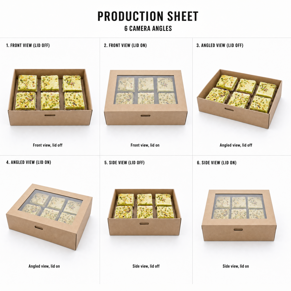 Mr T's Bakery Finger Pistachio Raw Slice (GF)(DF)(VGN)(VEG) — multi-angle product sheet showing the catering box from several angles. Brisbane corporate &amp; event catering.
