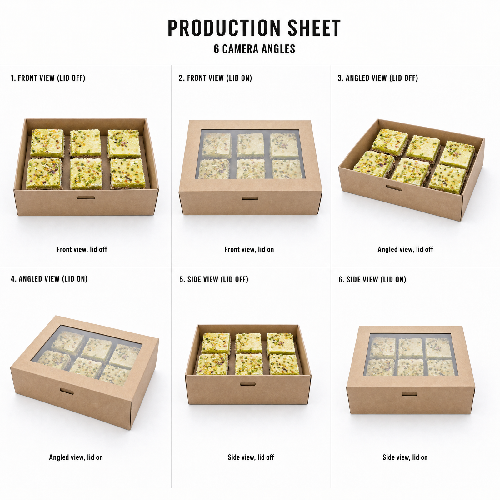Mr T's Bakery Finger Pistachio Raw Slice (GF)(DF)(VGN)(VEG) — multi-angle product sheet showing the catering box from several angles. Brisbane corporate & event catering.
