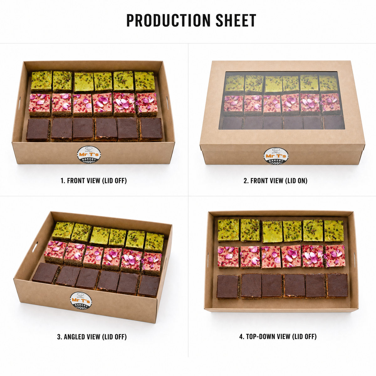 Mr T's Bakery Finger Raw Slices Collection - 18 Finger Slices/Box (GF)(DF)(VGN)(VEG) — multi-angle product sheet showing the catering box from several angles. Brisbane corporate &amp; event catering.