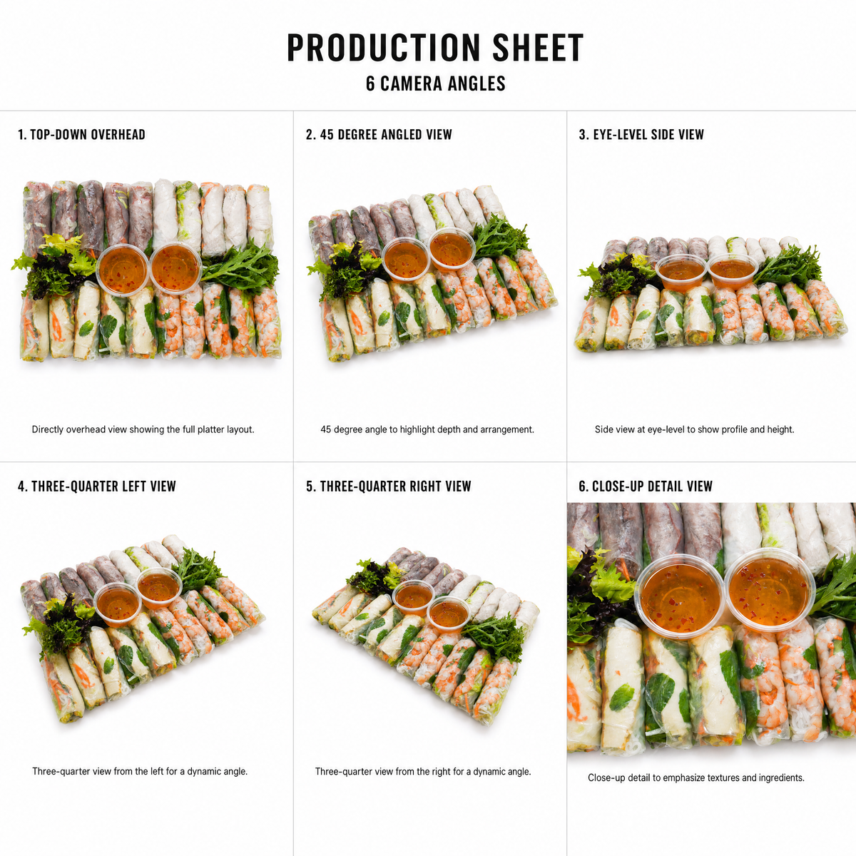 Mr T's Bakery Finger Rice Paper Rolls Platter - 20 Rolls/platter (GF)(DF) — multi-angle product sheet showing the open catering platter from several angles. Brisbane grazing &amp; platter catering.