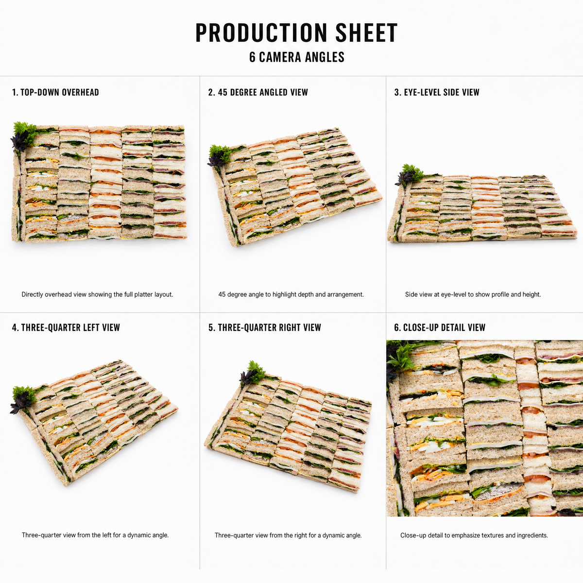 Mr T's Bakery Finger Sandwich Platter - 50 pairs/platter — multi-angle product sheet showing the open catering platter from several angles. Brisbane grazing &amp; platter catering.