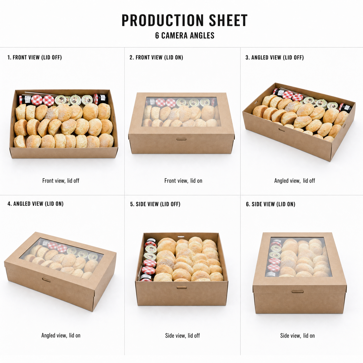 Mr T's Bakery Fresh Baked Butter Milk Scones Box - 24 Scones/Box (VEG) — multi-angle product sheet showing the catering box from several angles. Brisbane corporate &amp; event catering.
