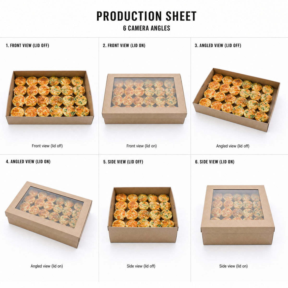 Mr T's Bakery Veggies Frittatas Collection - 24 frittatas/box (GF)(VEG) — multi-angle product sheet showing the catering box from several angles. Brisbane corporate &amp; event catering.