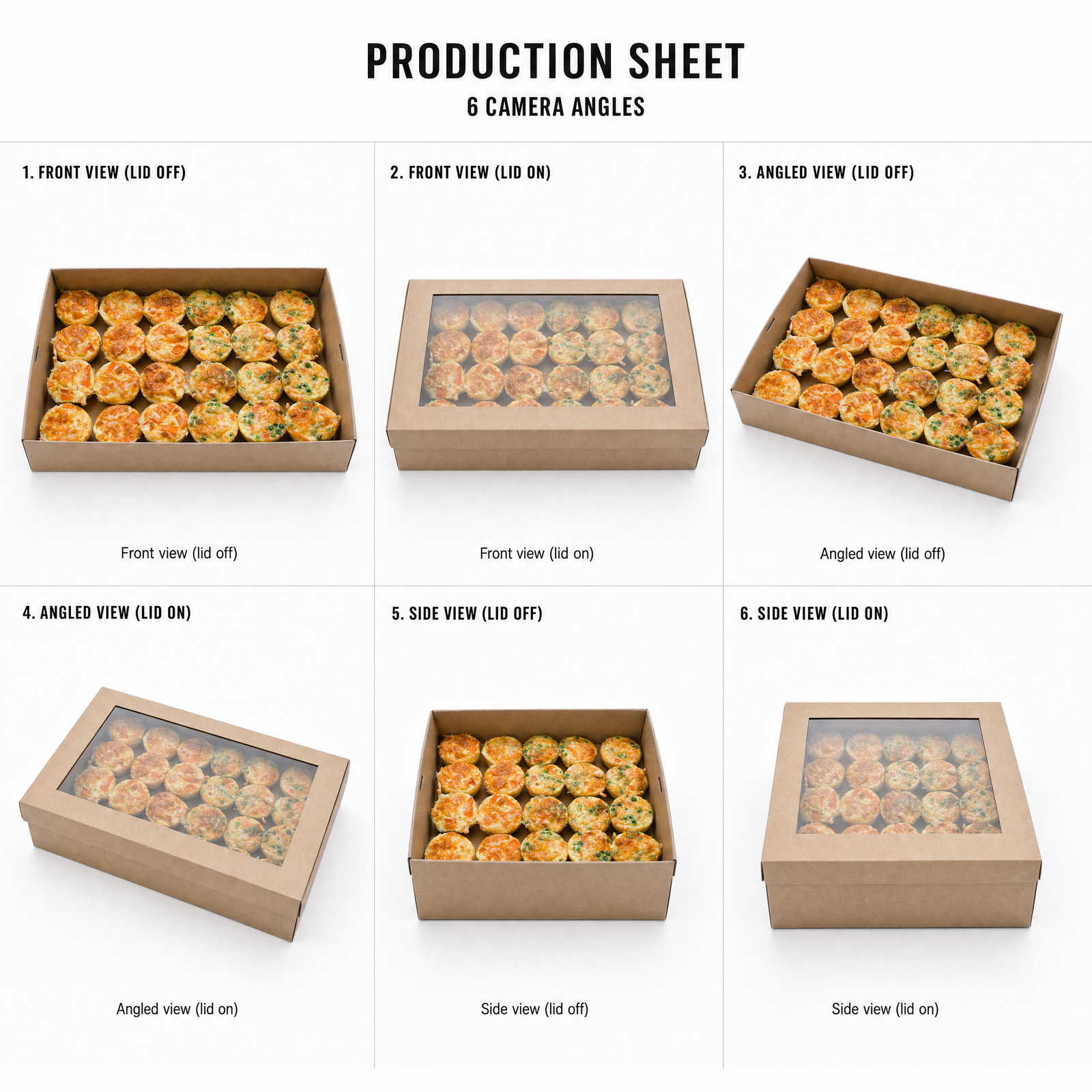 Mr T's Bakery Veggies Frittatas Collection - 24 frittatas/box (GF)(VEG) — multi-angle product sheet showing the catering box from several angles. Brisbane corporate & event catering.