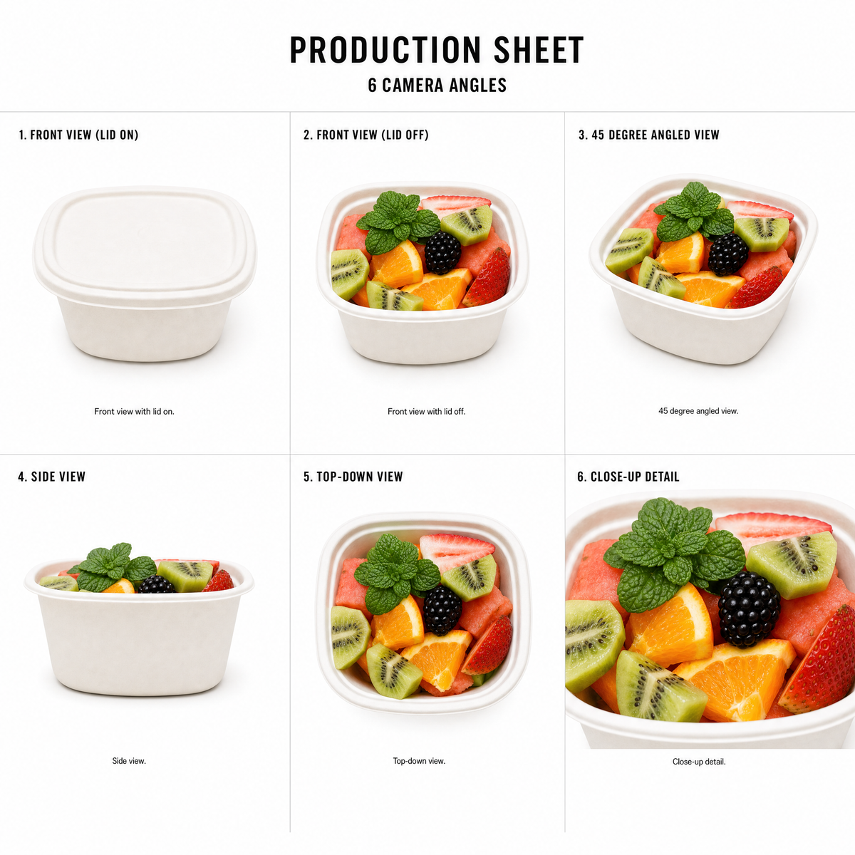 Mr T's Bakery Fruit Salad Cups (GF)(DF)(VGN)(VEG) — multi-angle product sheet showing the individual eco paper-bowl pot from several angles. Brisbane catering.