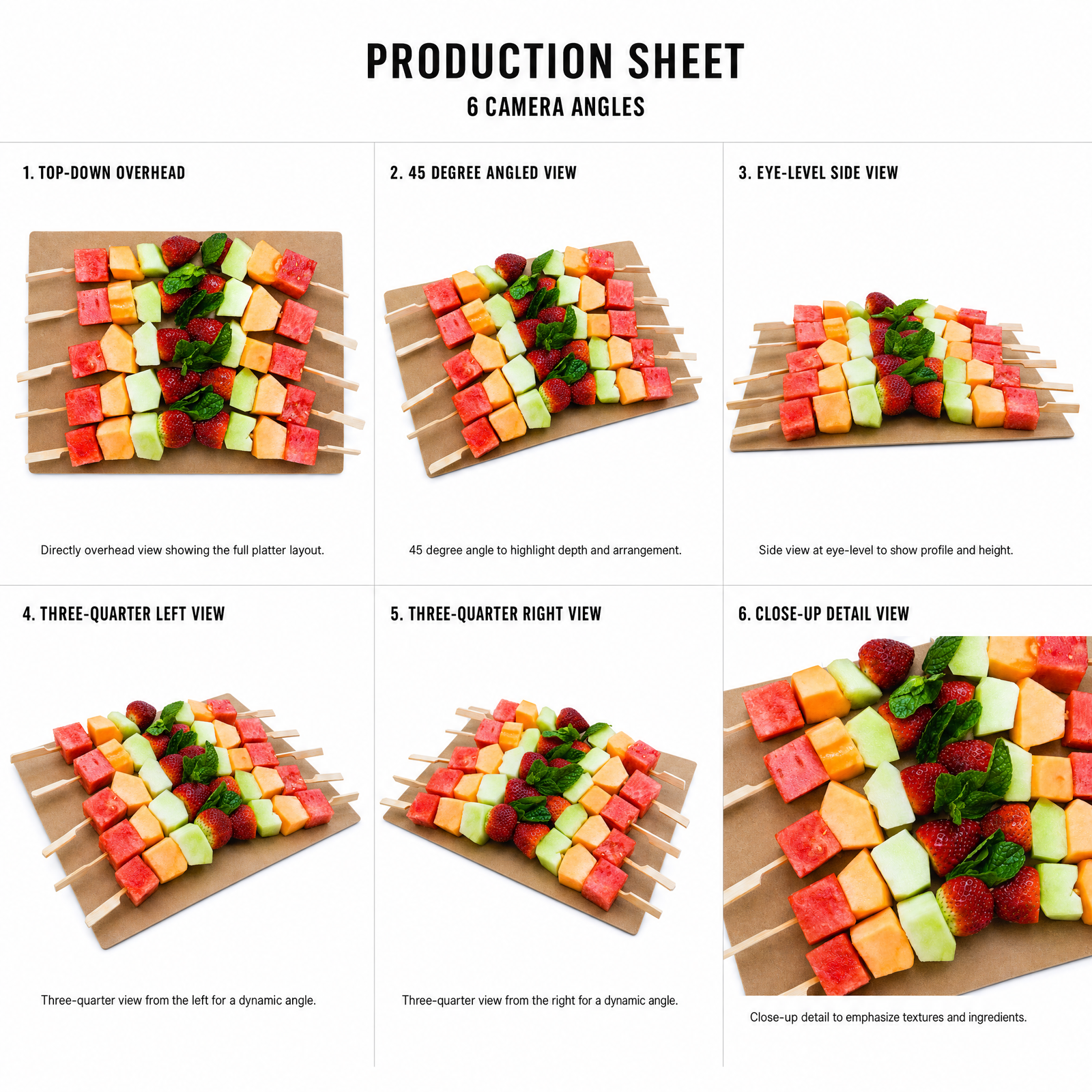 Mr T's Bakery Fruit Skewers Box - 10 skewers/box (GF)(DF)(VGN)(VEG) — multi-angle product sheet showing the open catering platter from several angles. Brisbane grazing & platter catering.