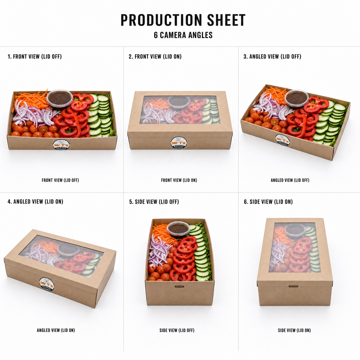 Mr T's Bakery Share Garden Salad Box (GF)(DF)(VGN)(VEG) — multi-angle product sheet showing the catering box from several angles. Brisbane corporate &amp; event catering.