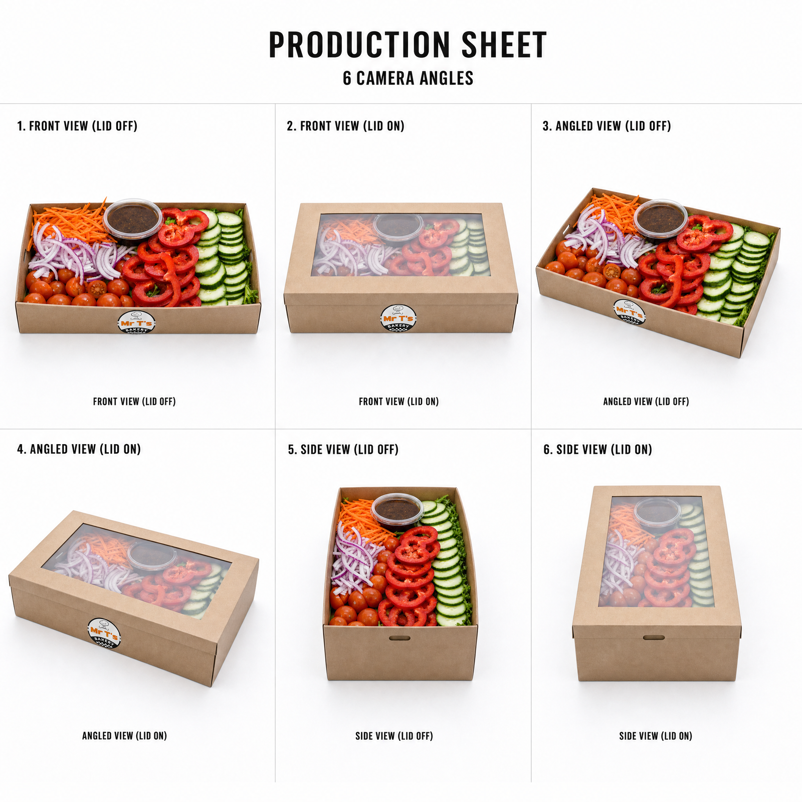 Mr T's Bakery Share Garden Salad Box (GF)(DF)(VGN)(VEG) — multi-angle product sheet showing the catering box from several angles. Brisbane corporate & event catering.