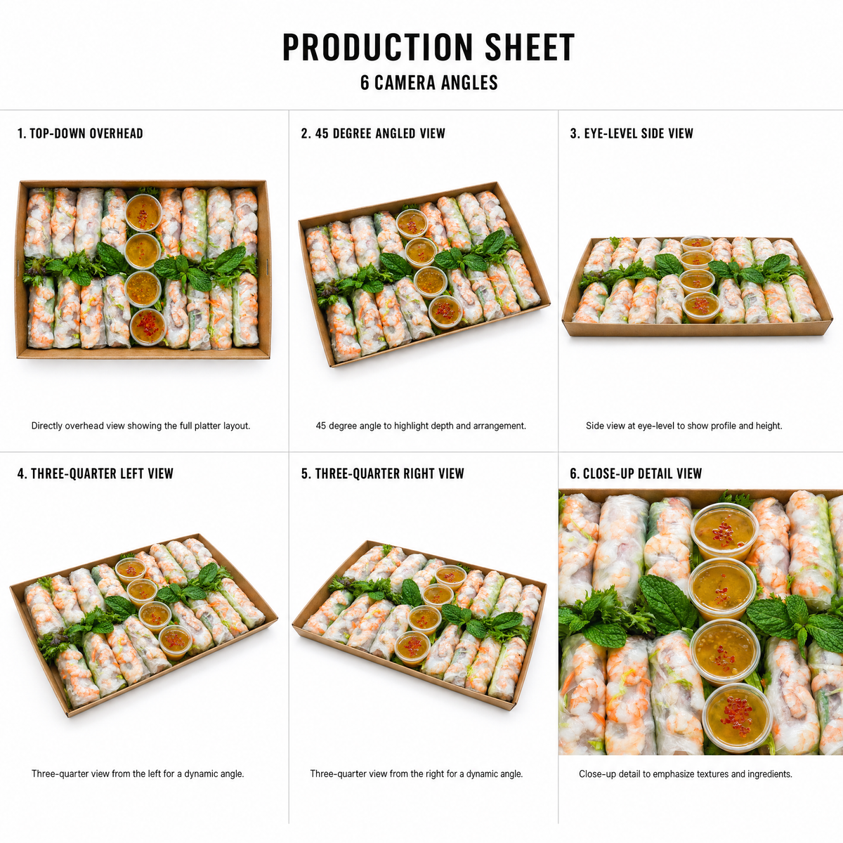 Mr T's Bakery Gluten Free Pork And Prawn Rice Paper Rolls Platter - 16 Fresh Rolls/Platter (GF)(DF) — multi-angle product sheet showing the open catering platter from several angles. Brisbane grazing &amp; platter catering.