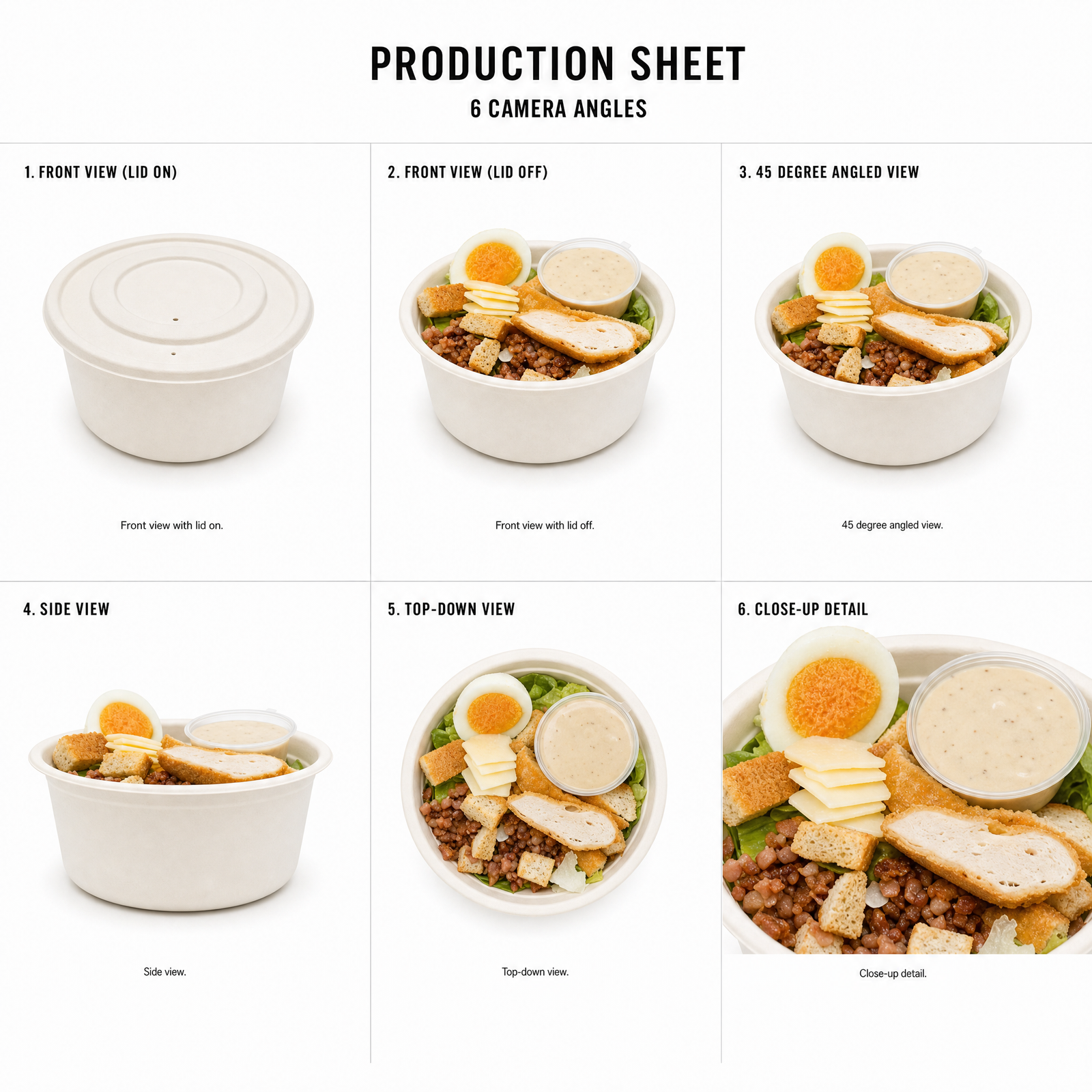 Mr T's Bakery Individual Chicken Caesar Salad Pot — multi-angle product sheet showing the individual eco paper-bowl pot from several angles. Brisbane catering.
