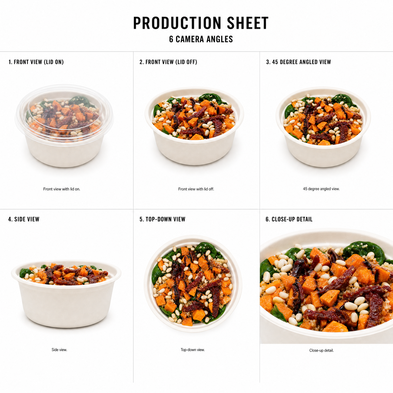 Mr T's Bakery Individual Couscous Pumpkin Spinach Salad Pot (DF)(VGN)(VEG) — multi-angle product sheet showing the individual eco paper-bowl pot from several angles. Brisbane catering.