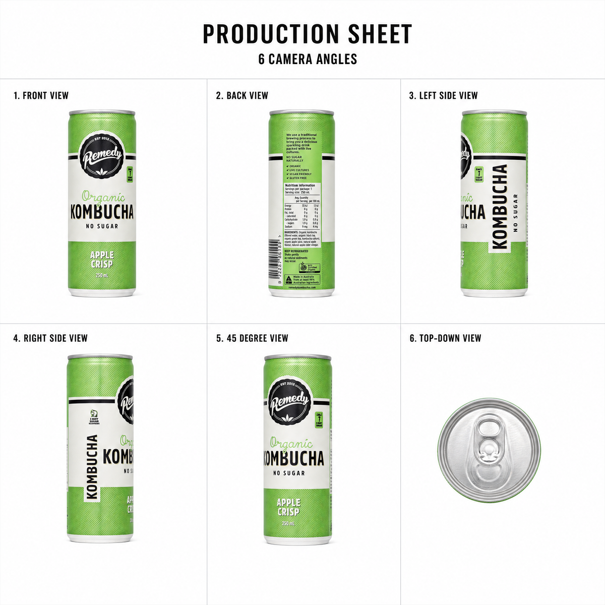 Mr T's Bakery 8 Pack Kombucha Remedy — multi-angle product sheet showing the drink from several angles. Brisbane catering drinks.