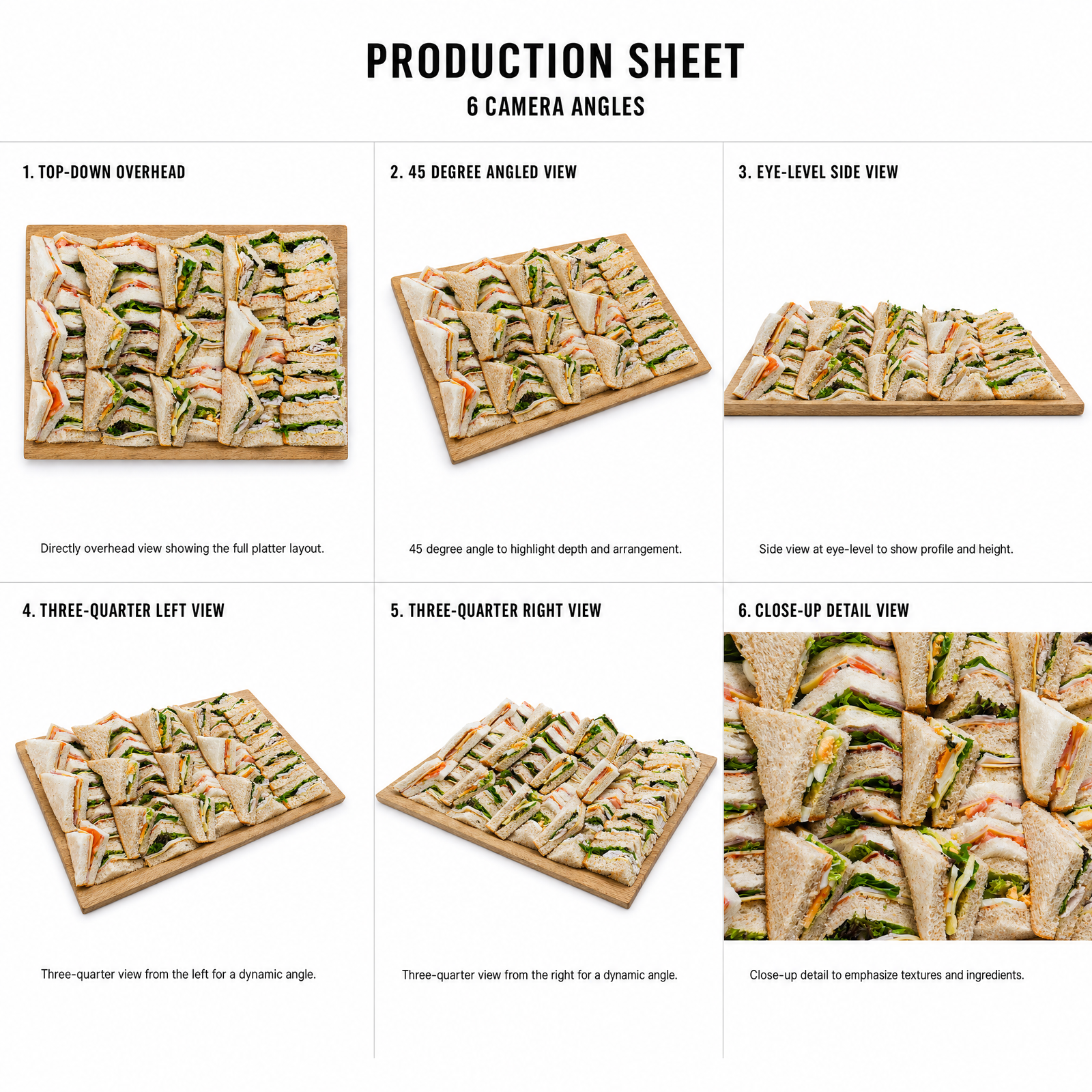 Mr T's Bakery Large Triangle Sandwich Platter - 55 Points/Platter — multi-angle product sheet showing the open catering platter from several angles. Brisbane grazing & platter catering.