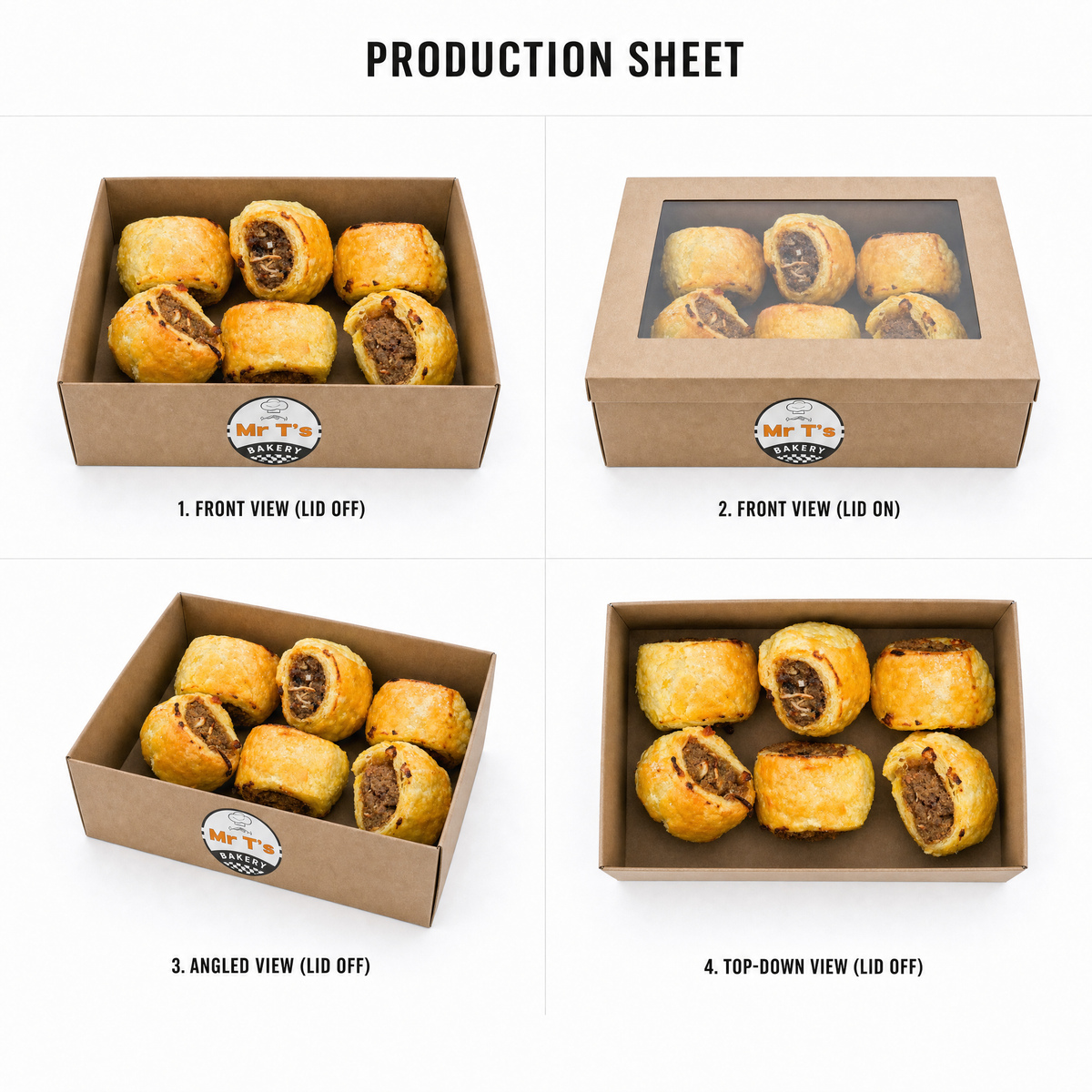 Mr T's Bakery Mini Beef Sausage Rolls — multi-angle product sheet showing the catering box from several angles. Brisbane corporate &amp; event catering.