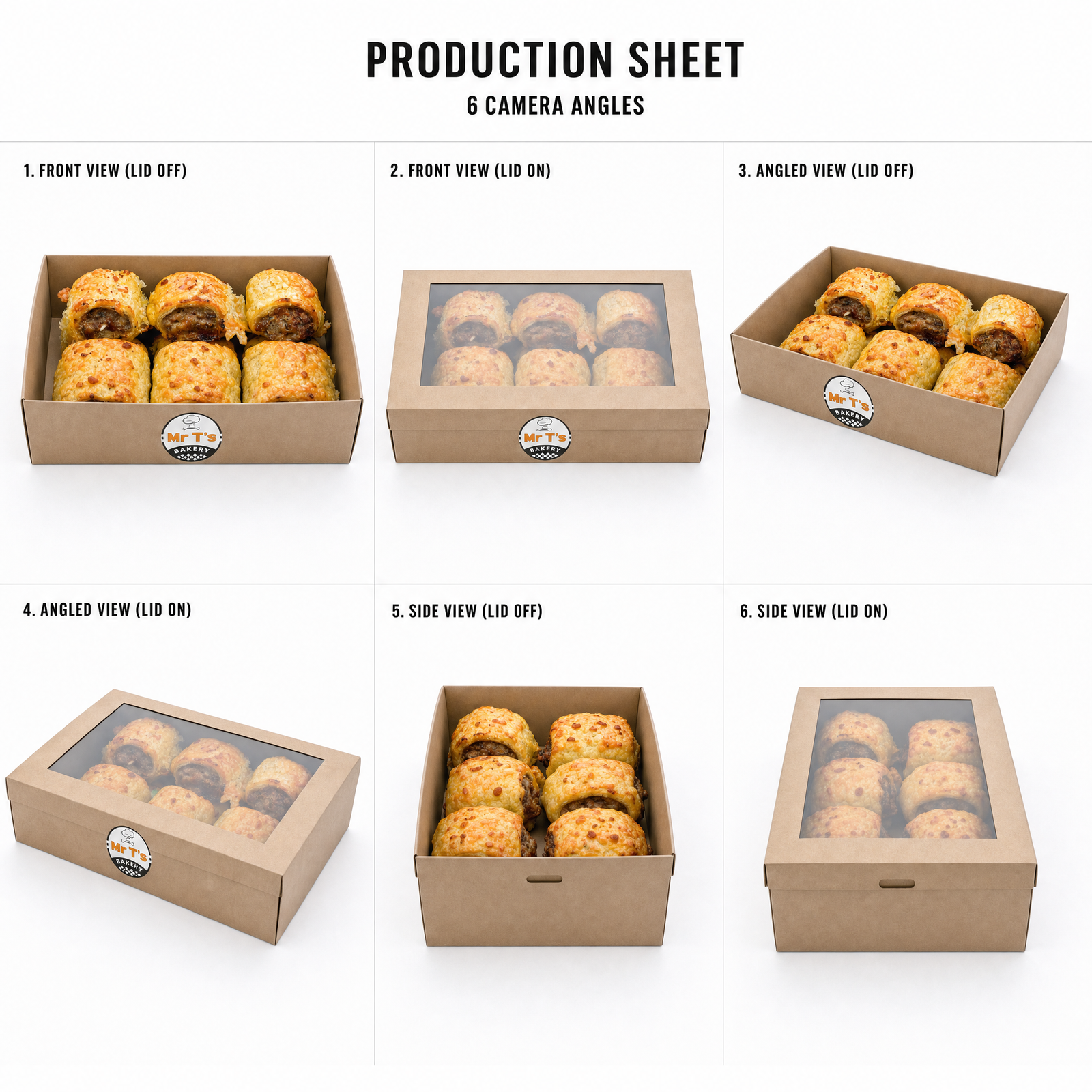Mr T's Bakery Mini Cheese Bacon Sausage Rolls — multi-angle product sheet showing the catering box from several angles. Brisbane corporate & event catering.