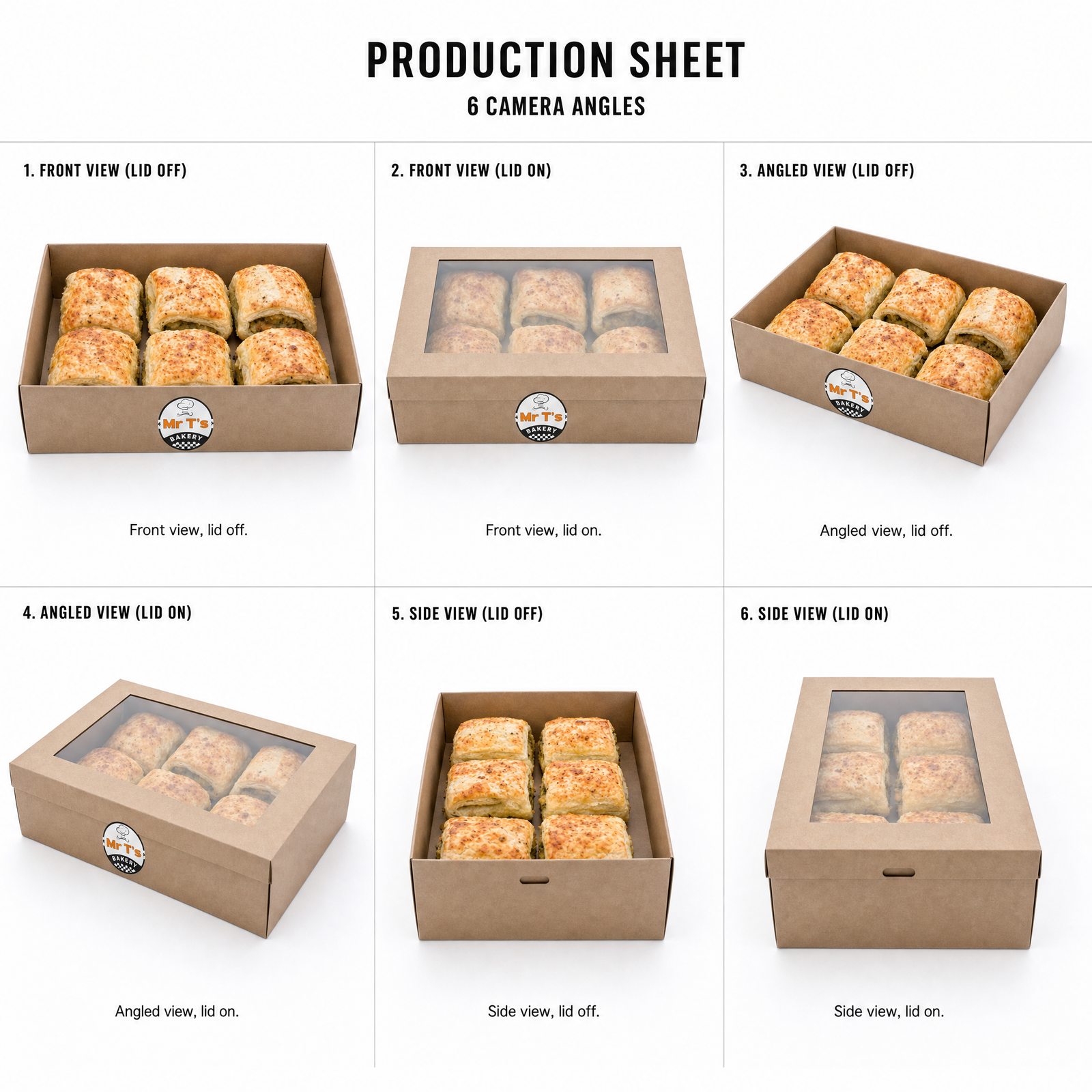 Mr T's Bakery Mini Spinach Feta Sausage Rolls (VEG) — multi-angle product sheet showing the catering box from several angles. Brisbane corporate & event catering.