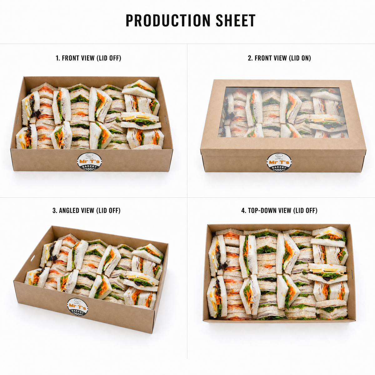 Mr T's Bakery Triangle Traditional Sandwiches - By Serves — multi-angle product sheet showing the catering box from several angles. Brisbane corporate &amp; event catering.