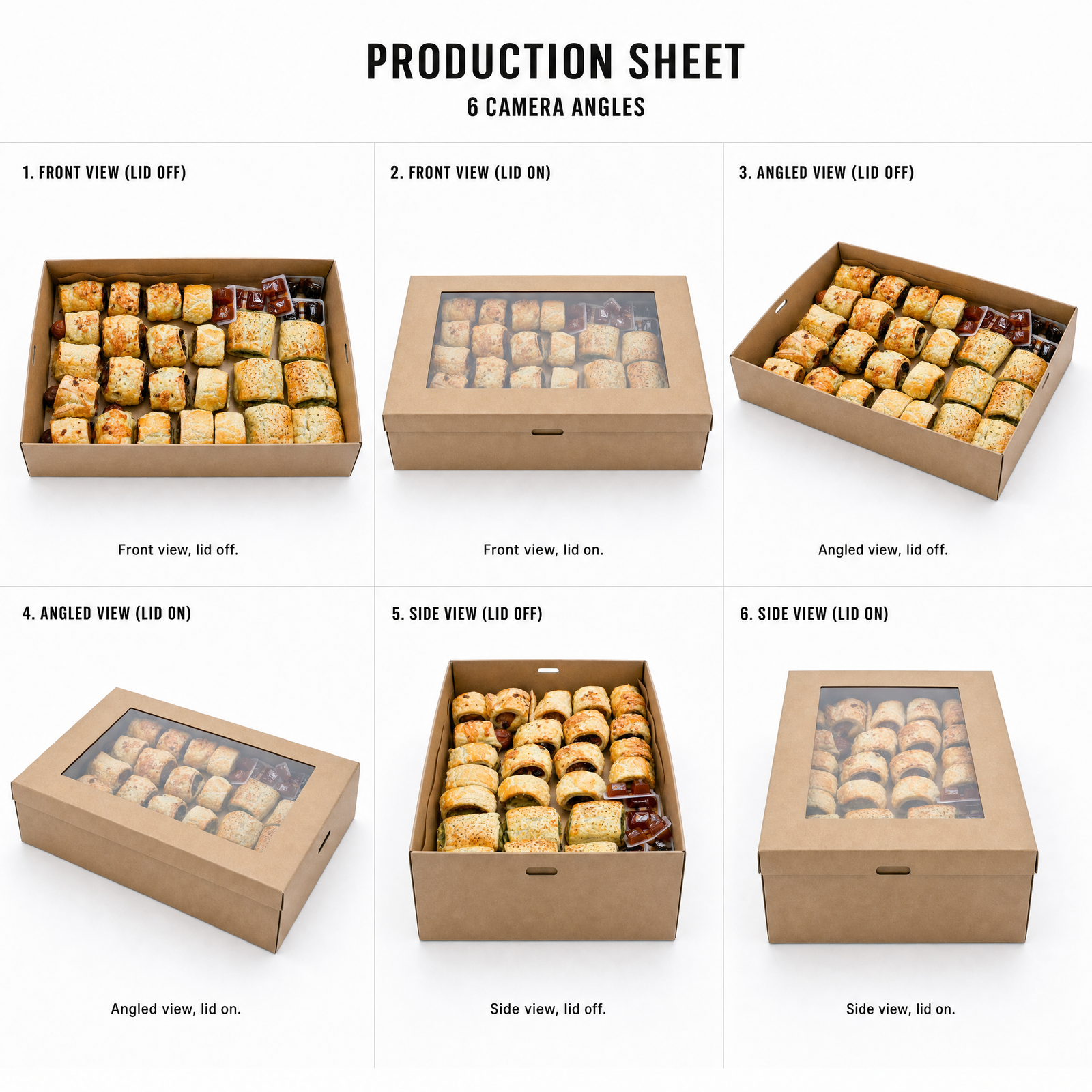 Mr T's Bakery Mixed Savoury Aussie Sausage Rolls Collection - 24 Pieces/Box — multi-angle product sheet showing the catering box from several angles. Brisbane corporate & event catering.