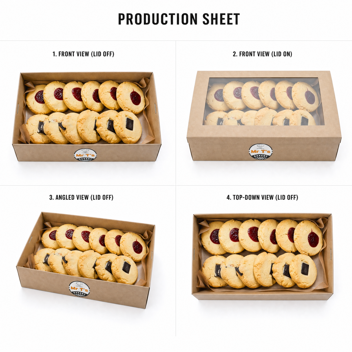 Mr T's Bakery Cookies Collection - 12 Cookies/Box (VEG) — multi-angle product sheet showing the catering box from several angles. Brisbane corporate &amp; event catering.