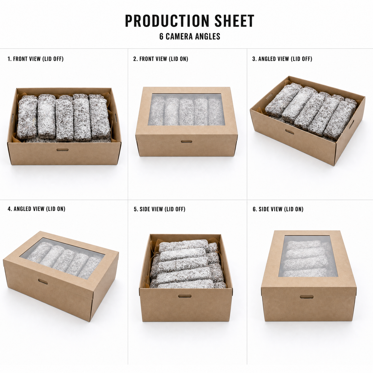 Mr T's Bakery Lamingtons Box - 12 Lamingtons/Box (VEG) — multi-angle product sheet showing the catering box from several angles. Brisbane corporate &amp; event catering.