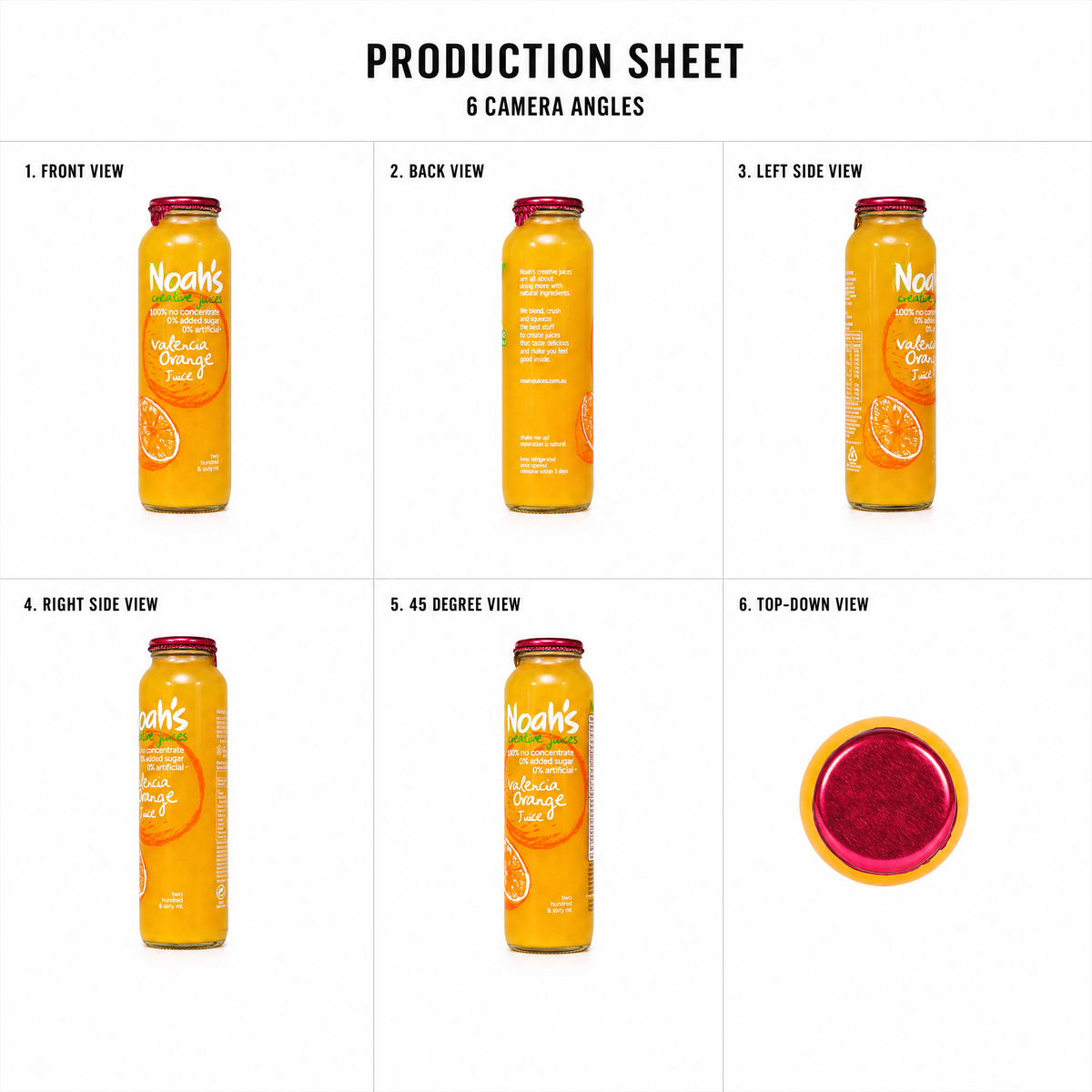 Mr T's Bakery 6 Pack Noah Premium Juice — multi-angle product sheet showing the drink from several angles. Brisbane catering drinks.