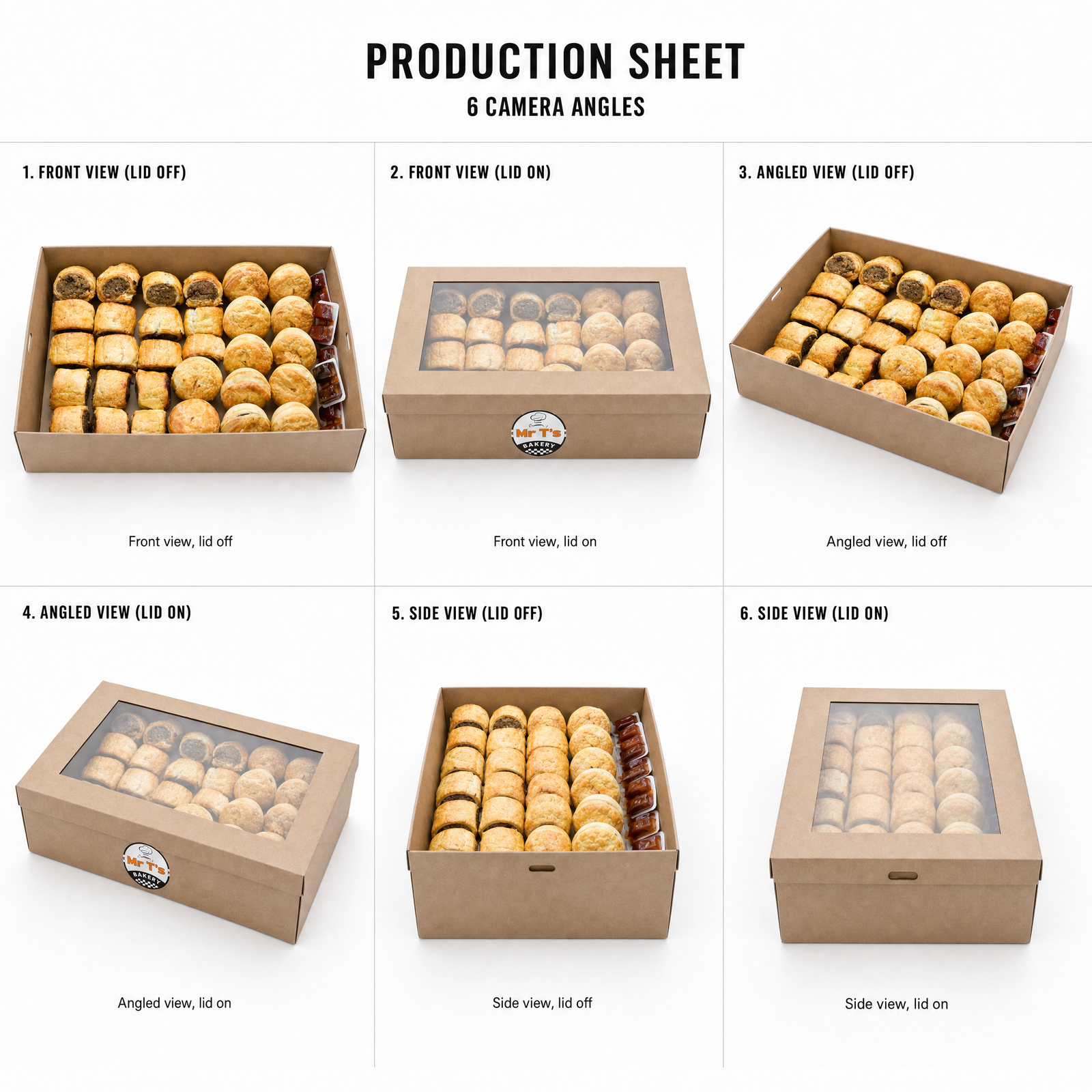 Mr T's Bakery Party Pies And Sausage Rolls - By Serves — multi-angle product sheet showing the catering box from several angles. Brisbane corporate & event catering.