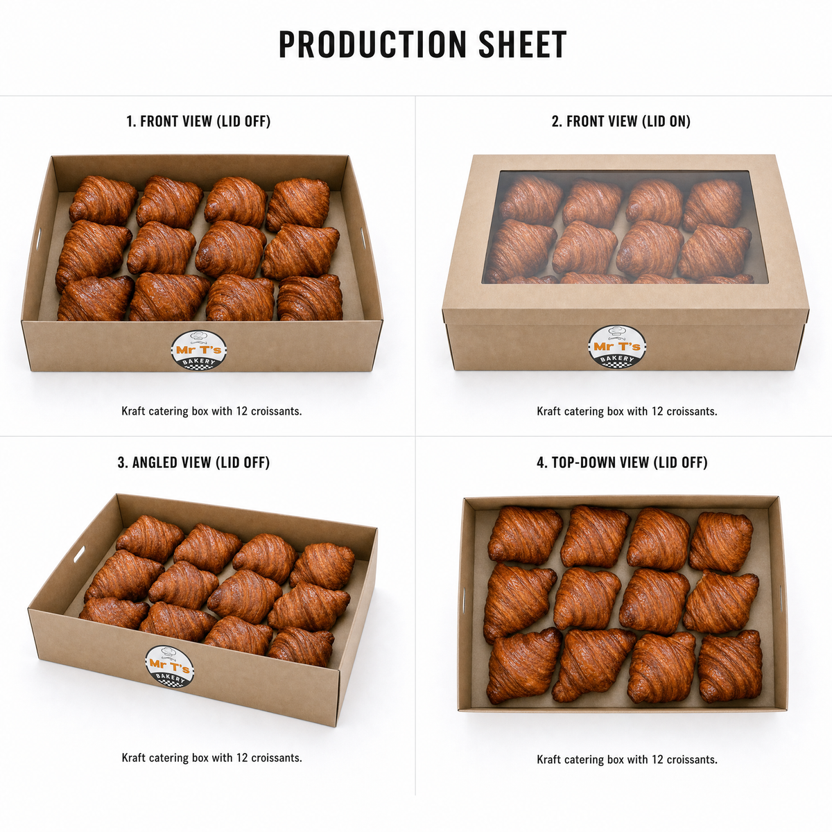 Mr T's Bakery Buttery Mini Croissants Box - 12 Croissants/Box (VEG) — multi-angle product sheet showing the catering box from several angles. Brisbane corporate &amp; event catering.
