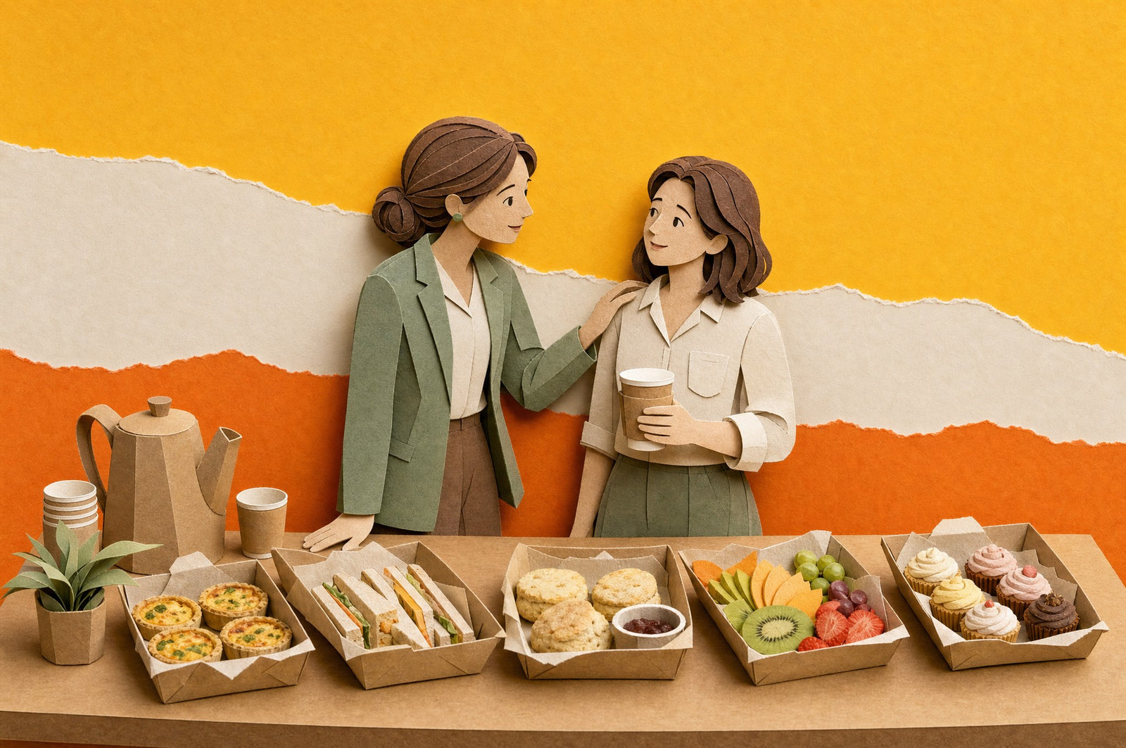 Two colleagues checking in beside a R U OK? Day morning tea spread, 3D papercraft illustration