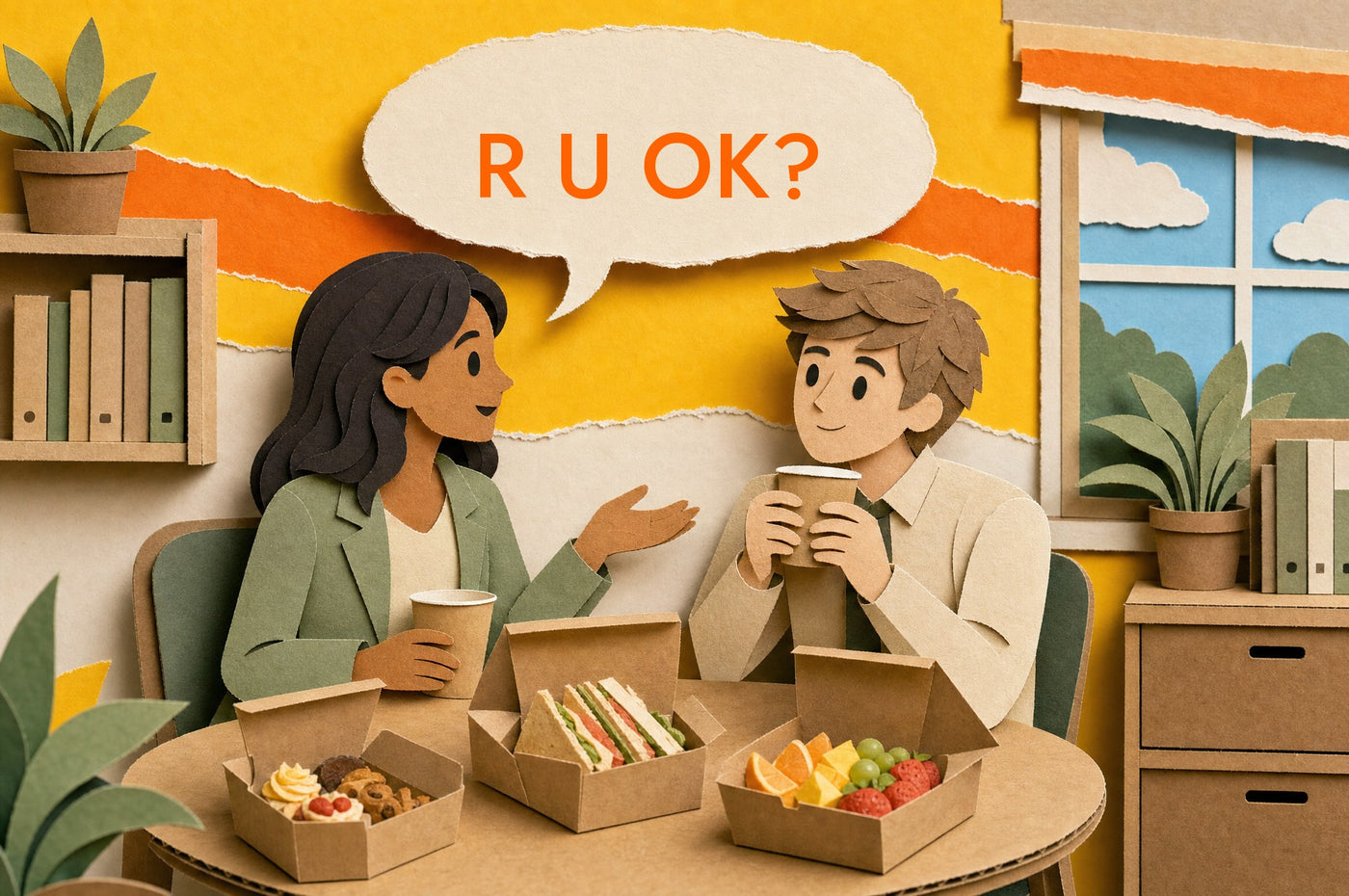 Two office colleagues checking in over a morning tea on R U OK? Day, 3D papercraft illustration
