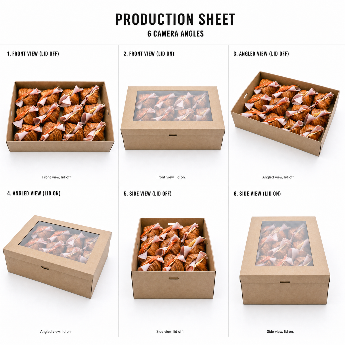 Mr T's Bakery Mini Ham Cheese Tomato Croissants Collection - 12 Croissants/Box — multi-angle product sheet showing the catering box from several angles. Brisbane corporate &amp; event catering.