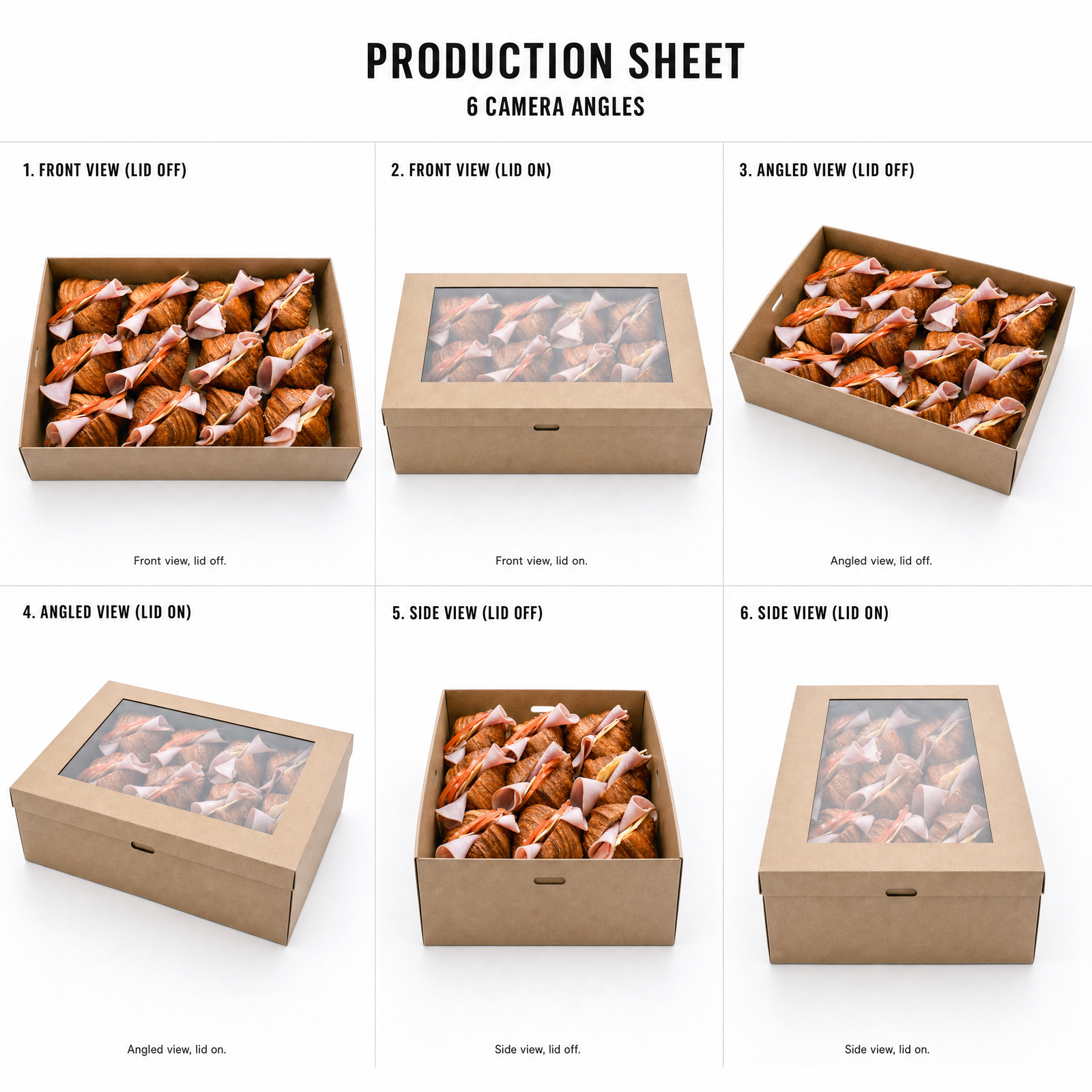 Mr T's Bakery Mini Ham Cheese Tomato Croissants Collection - 12 Croissants/Box — multi-angle product sheet showing the catering box from several angles. Brisbane corporate & event catering.