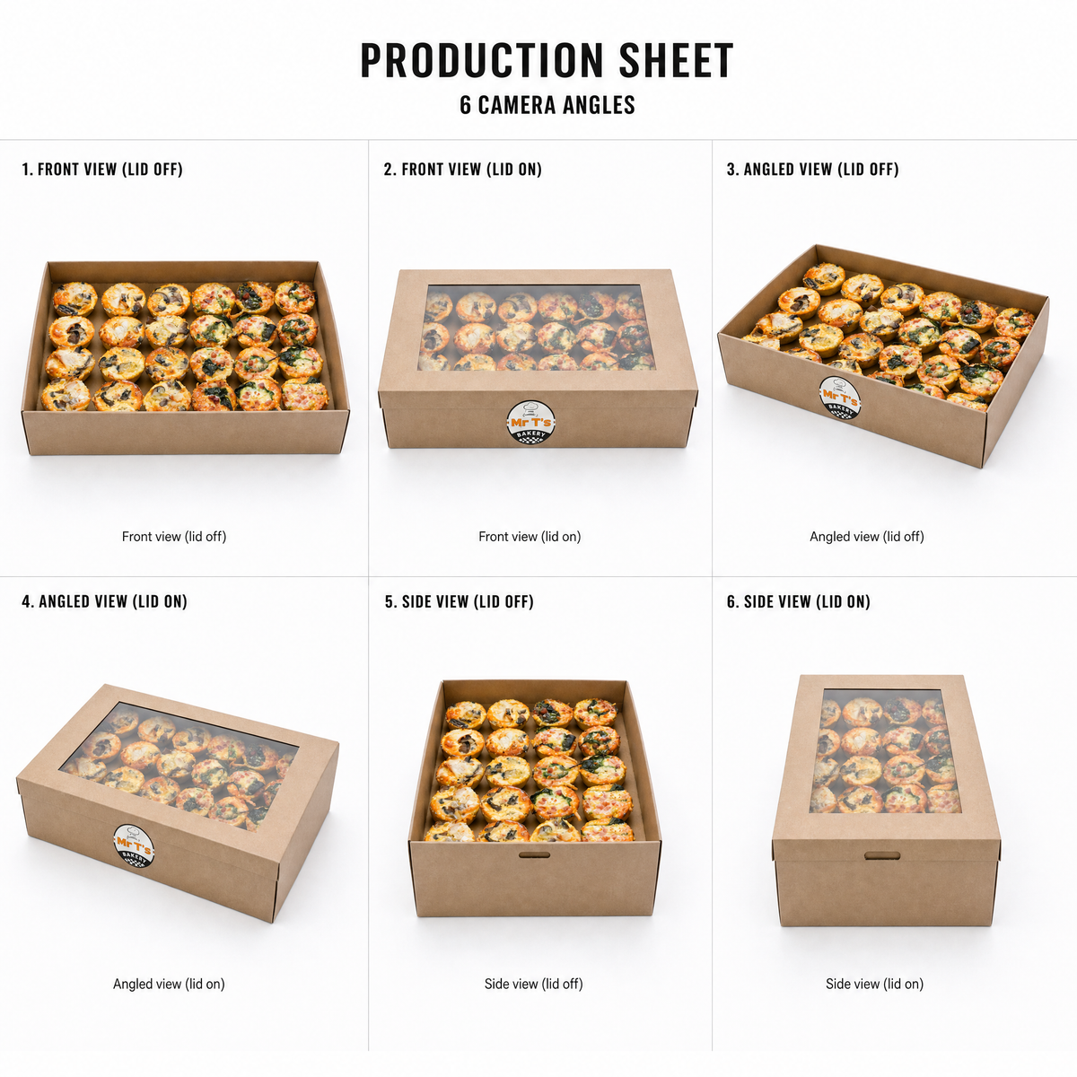 Mr T's Bakery Savoury Frittatas Collection - 24 frittatas/box (GF) — multi-angle product sheet showing the catering box from several angles. Brisbane corporate &amp; event catering.