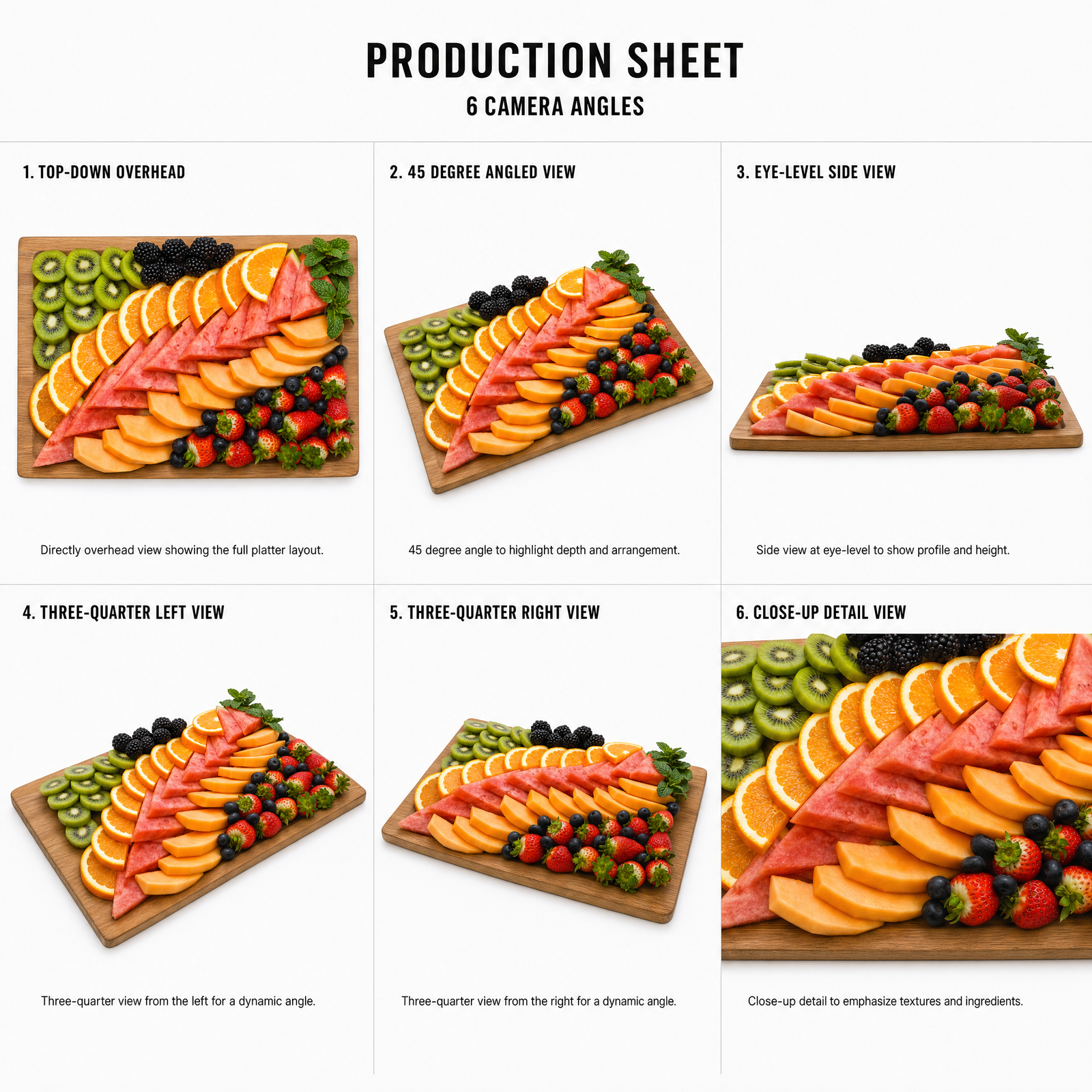 Mr T's Bakery Seasonal Fresh Fruit Platter (GF)(DF)(VGN)(VEG) — multi-angle product sheet showing the open catering platter from several angles. Brisbane grazing & platter catering.