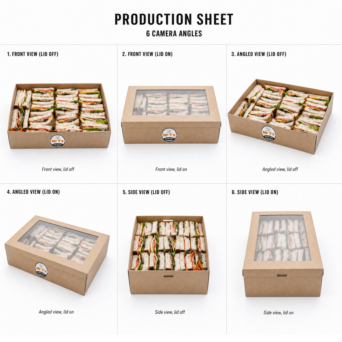 Mr T's Bakery Homemade Sourdough Sandwiches - By Serves — multi-angle product sheet showing the catering box from several angles. Brisbane corporate &amp; event catering.